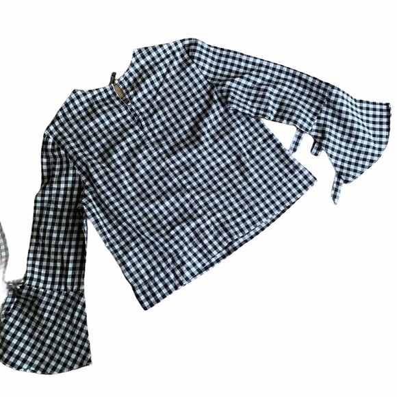 Stradivarius Gingham Bell Sleeved Floral Embroidered Top S - Picture 7 of 8